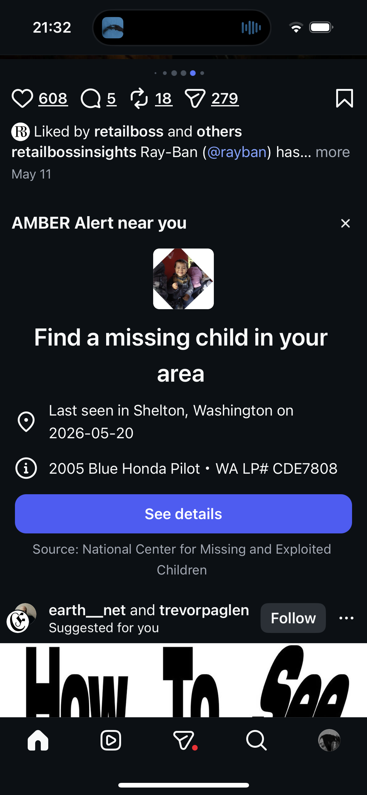 A screenshot of an AMBER alert embedded in an Instagram feed, reading "AMBER Alert near you: Find a missing child in your area," with the child last seen in Shelton, Washington on 2026-05-20 and a description of a 2005 Blue Honda Pilot.