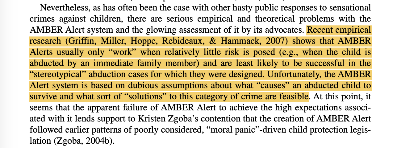 A highlighted excerpt from an academic paper noting that empirical research shows AMBER Alerts usually only "work" when the child is abducted by an immediate family member and rarely save children in the stereotypical abduction cases for which they were designed, suggesting the system's hopes may be "based on dubious assumptions."