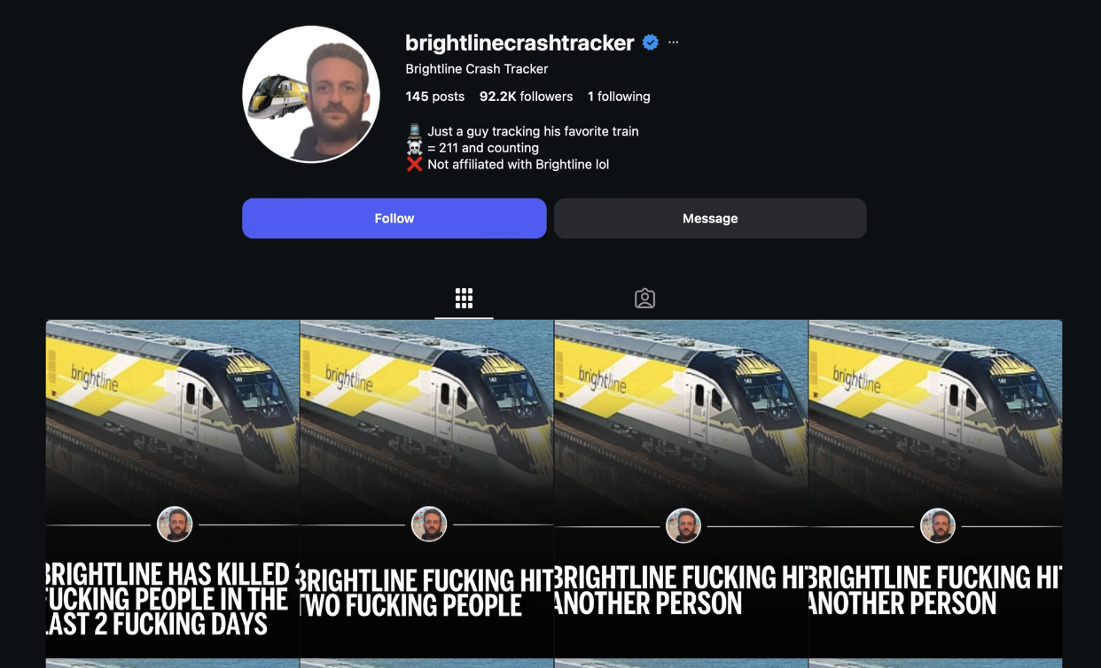 A screenshot of the @brightlinecrashtracker Instagram account documenting Brightline train deaths.